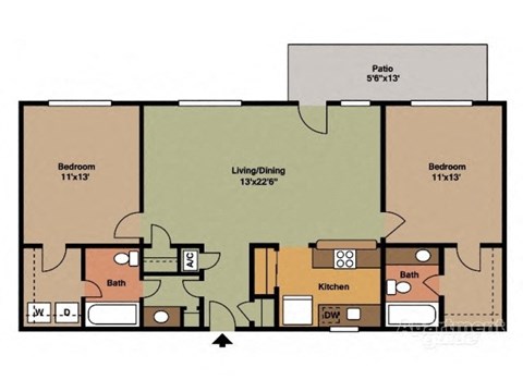A floor plan of a house with a living/dining area, two bedrooms, a kitchen, and two bathrooms.